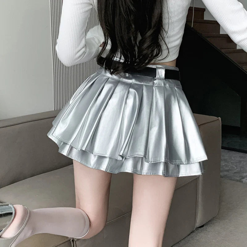 Y2K Pu Leather Mini Skirt Women Streetwear Belt Pleated Skirts Harajuku Korean Fashion High Waist Black A Line Skirt New