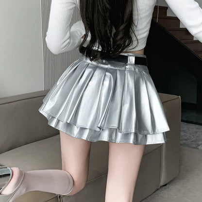 Y2K Pu Leather Mini Skirt Women Streetwear Belt Pleated Skirts Harajuku Korean Fashion High Waist Black A Line Skirt New