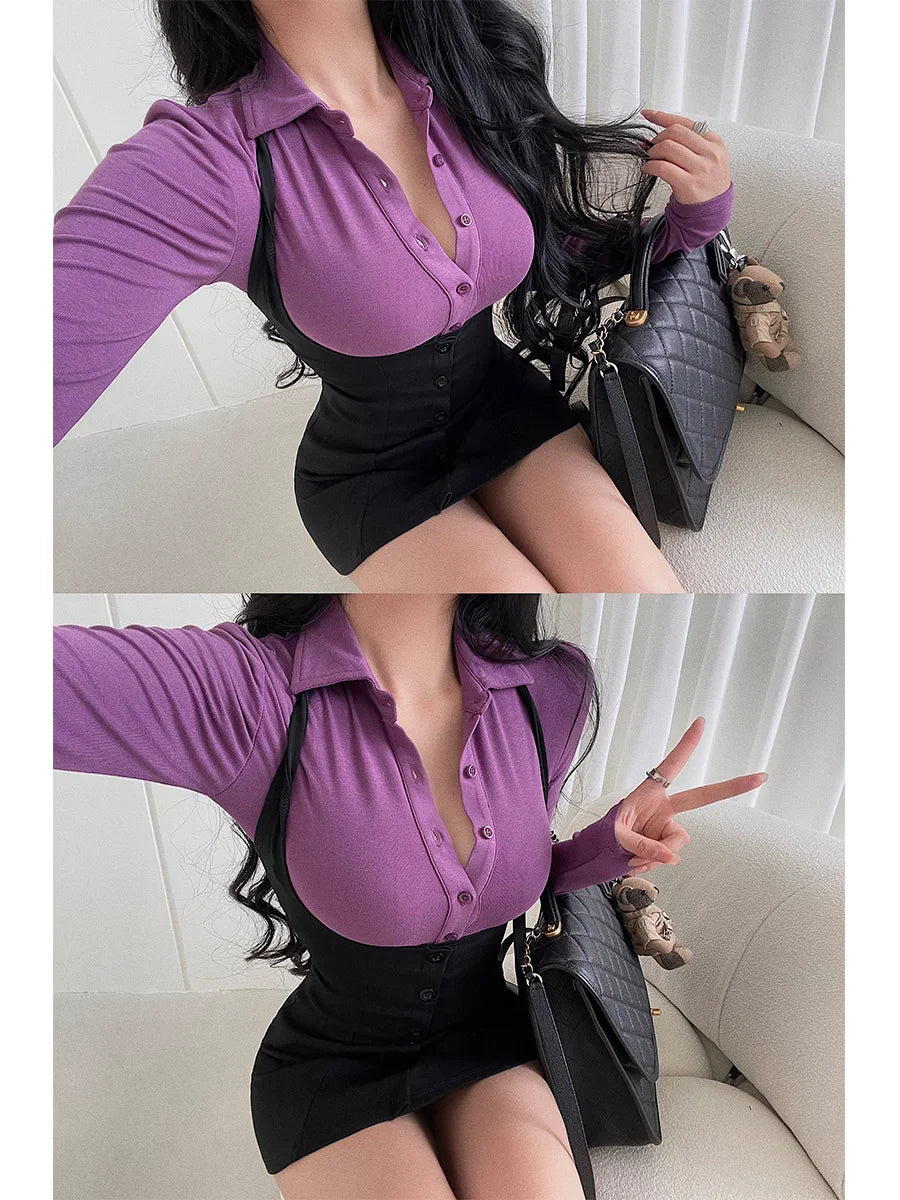 maoxiangshop Sexy Polo Collar Single Breasted Long Sleeve T-shirt Hanging Neck Wrap Hip Dress Short Skirt Set Fashion Women