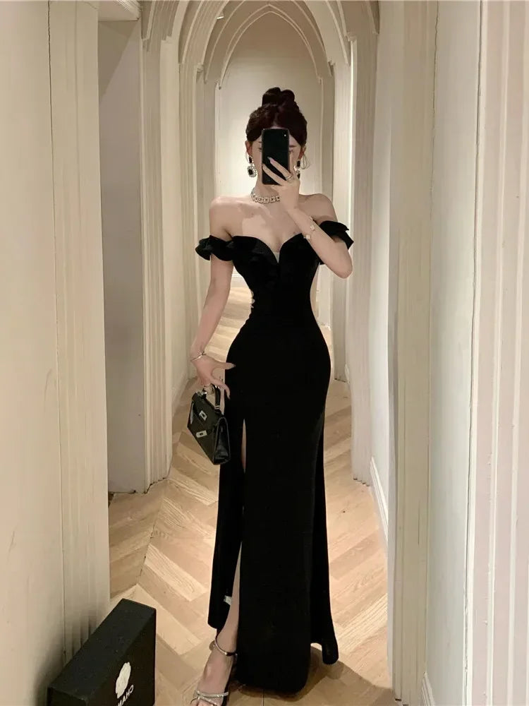 maoxiangshop DRESS TO IMPRESS France Vintage Elegant Evening Party Dress Women Y2k Ruffled One Shoulder Strapless Midi Dress Famale Solid Korean Chic Clothes