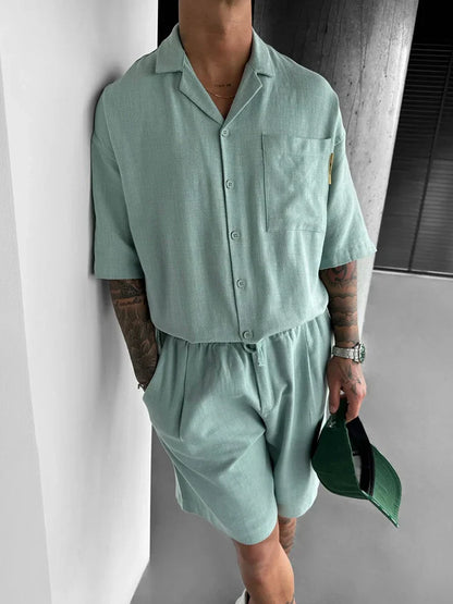 maoxiangshop Streetwear Vintage Mens Shirts Two Piece Outfits Fashion Solid Color Suits Loose Pocket Short Sleeve Shirt And Shorts Men Sets