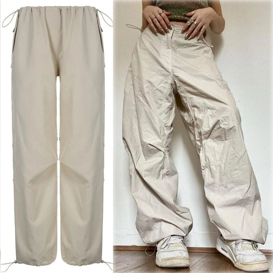 maoxiangshopWomen Y2K Cargo Pants Solid Low Waist Sweatpants Drawstring Wide Leg Baggy Trousers 2023 Summer Streetwear Punk Casual Tech Pant