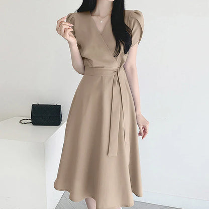 maoxiangshop Women Fashion OL Work Sundress Elegant Summer Short Sleeve Dress Casual Solid A Line Vestido Kaftan Sarafans Robe Femme