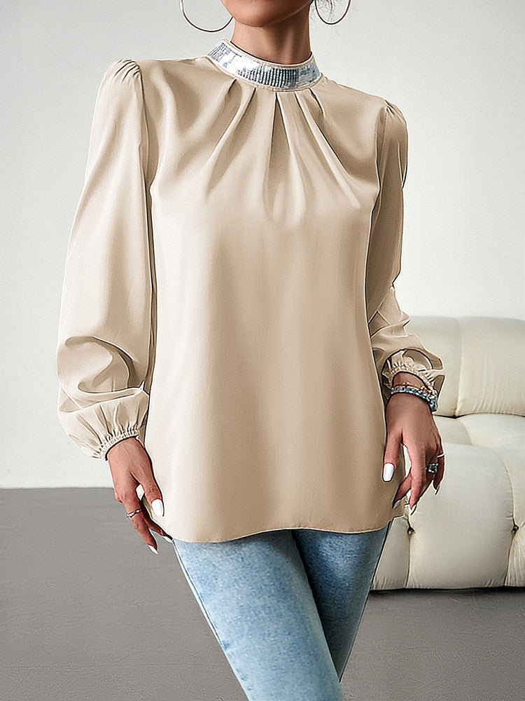 Elegant Women's Blouse Autumn Fashion Solid Puff Long Sleeve Tops Casual Youth Sequin Turtleneck Shirts New Collection