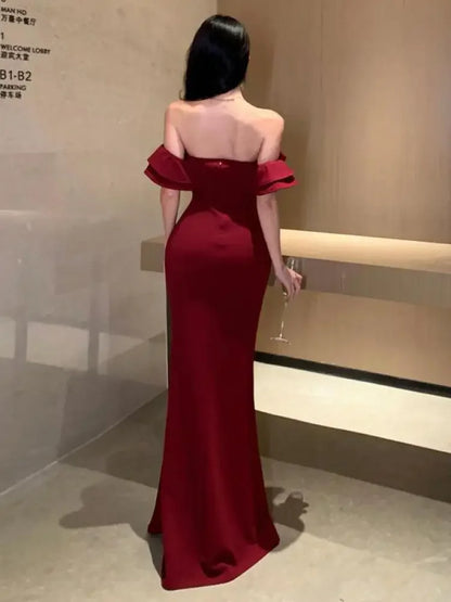 maoxiangshop DRESS TO IMPRESS Women's Sexy Backless High Split Ruffles Wrapped Hip Dress, Elegant Luxury Off Shoulder Party Evening Dresses, Red, Summer