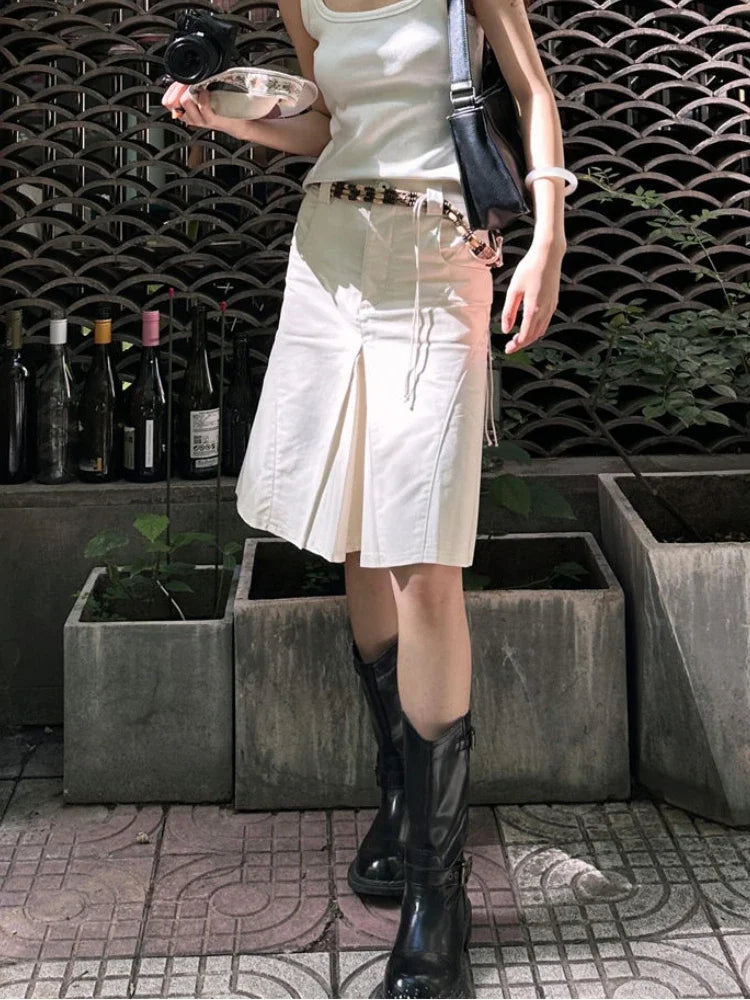 maoxiangshop  -  White Long Skirt Women Y2k American Retro High Waist Irregular Streetwear Vintage Knee-length Midi Skirt Autumn 2024