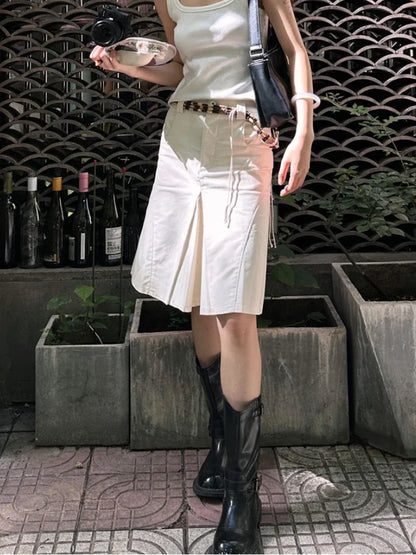 maoxiangshop  -  White Long Skirt Women Y2k American Retro High Waist Irregular Streetwear Vintage Knee-length Midi Skirt Autumn 2024