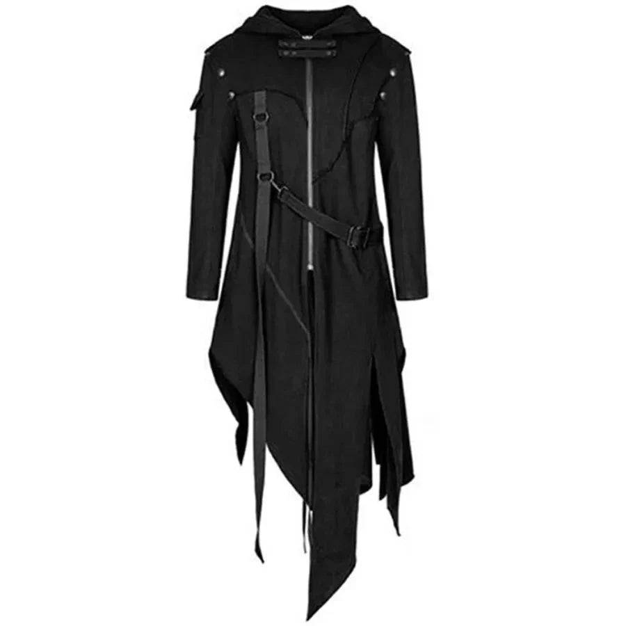 maoxiangshop WELL DRESSED MEN New 2024 Men's Punk Style Irregular Trench Coats Black Gothic Long Hooded Jackets Halloween Man Cosplay Costume Large Size S-5XL