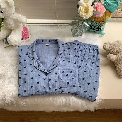 maoxiangshop  -  Cotton Double-layer Gauze Pajamas For Women's Fashion Cute Carrot Print Long Sleeve Tops + Pant Home Clothing Two-piece Set