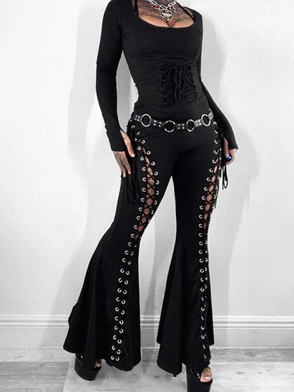 maoxiangshop Women's Gothic Pants Spring 2024 New Dark Wind Street Fashion Trend Cock-eye Tie Design Flared Pants Women