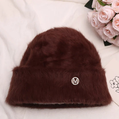 maoxiangshop New Fashion Rabbit Fur Y2k Beanies for Women Soft Warm Fluffy Angola Winter Hat Female Windproof Bonnet Hat Skullies Cap