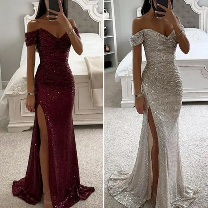 maoxiangshop-Solid Color Long Sleeve Dress Elegant Sequin V-neck Maxi Dress for Evening Party Prom Off Shoulder Slim Sexy Split Long Dress