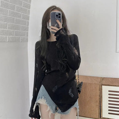 maoxiangshop Vintage Hollow Out Sweaters Women Fashion Irregular Harajuku Streetwear Knit Jumpers Female Thin Loose Lazy Wind Pullovers