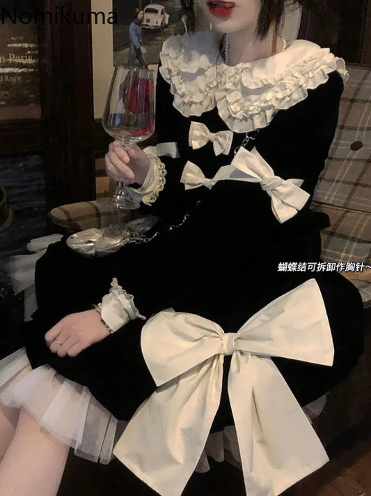 Cute Dresses for Women Sweet Peter Pan Collar A-line Black Robe Femme 2024 Vestidos De Mujer Bandage Bow Velvet Vintage Dress