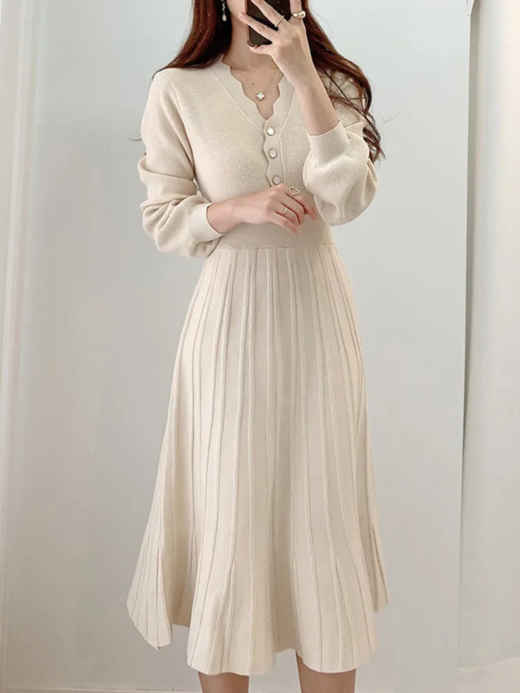 One Piece Korean Pleated Dress New Autumn Long Sleeve Slim Woman Sweater Dresses Knitted Vintage Elegant Midi Party Dress