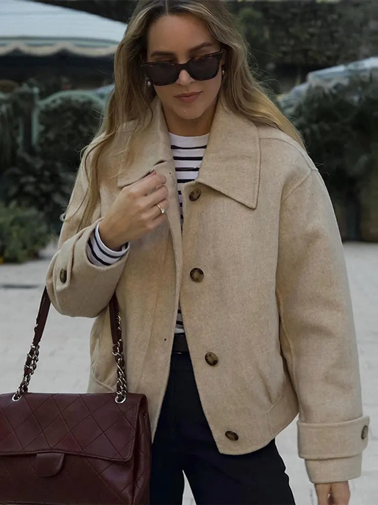 maoxiangshop -  Lapel Collar Long Sleeve Woolen Jacket Women Single-breasted Warm Short Coats Autumn Winter Fashion Female Streetwear