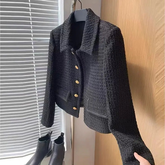 Black Short Small Fragrance Coat Female Wool Tweed Small Fragrant Elegant Women Tops 2024 Autumn Korean Chic Temperament Jackets