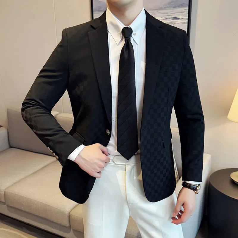 maoxiangshop Plus Size 5XL-M Luxury Checkered Slim Fit Business Blazers Mens 2024 Formal Single Button Fashion Social Party Suit Jacket