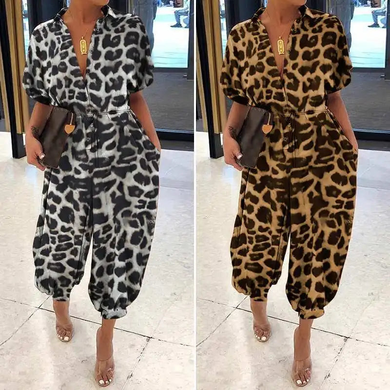 maoxiangshop Leopard Printed Jumpsuit Women Summer New Short Sleeves Leace-up Pocket Casual Jumpsuits Fashion Vintage Ladies Bodysuits