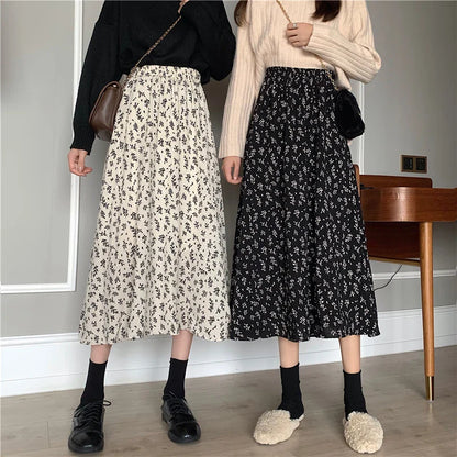 maoxiangshop Vintage Floral Print A-line Pleated Long Skirts Summer Women Korean Skirt Streetwear Drawstring Elastic Waist Midi Skirt