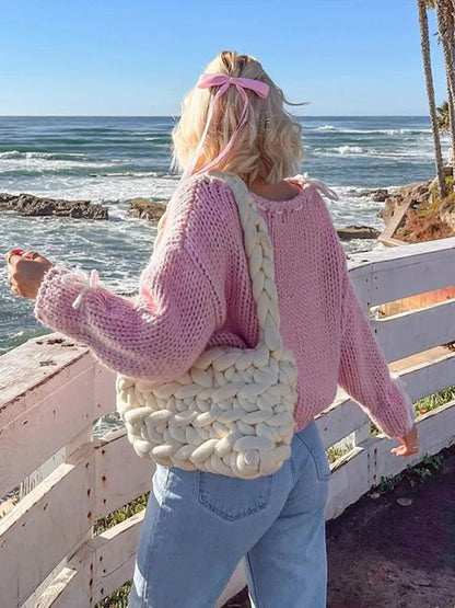 maoxiangshop  -  Casual Knitted Bow Contrast Women's Sweater Loose O-neck Long Sleeve  Pullover 2024 Autumn Winter Sweet All-match Lady Sweater