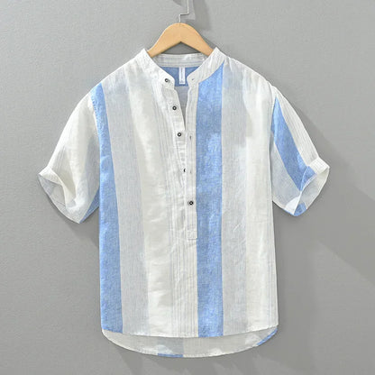 maoxiangshop 2024 Summer New 100%Linen Pullover Short Sleeve Shirts for Men Fashion Striped Casual Loose Shirts
