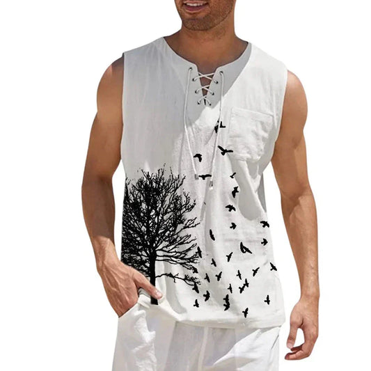 maoxiangshop Plus Size 4xl 5xl Mens Boho Tree Birds Print Shirts Summer Bandage Tops Men Sleeveless Blouse Male Pullovers Casual Shirt
