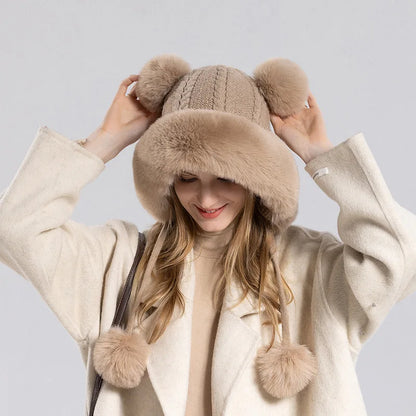 maoxiangshop  -  Winter Pompoms Hat for Women Plush Lining Thickened Warm Knit Beanies Bonnet Outdoor Windproof Ear Protection Skiing Woolen Caps