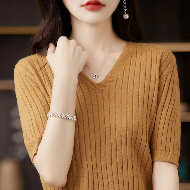 Women Sweater Short Sleeve V-neck Stripe Knitwears Slim Fit Shirt Korean Fashion Pullovers Thin Knit Tops 2023 Bottoming Shirts