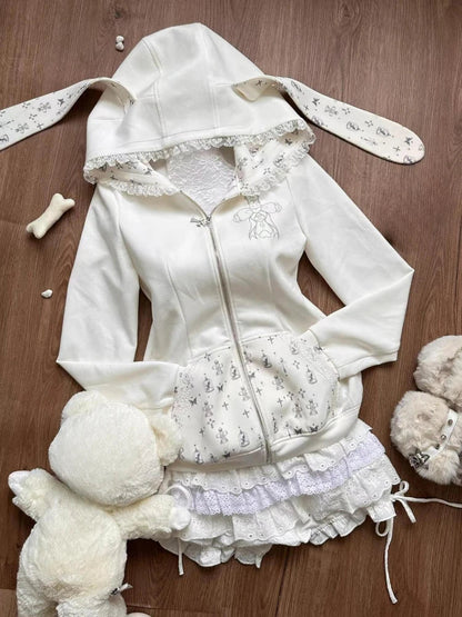 maoxiangshop  -  Korean Cute 2 Pieces Set Y2K Aesthetic Cartoon Patchwork Lace Rabbit Ears Hoodies + Bandage Lace Mini Cake Skirts Fairy Outfits