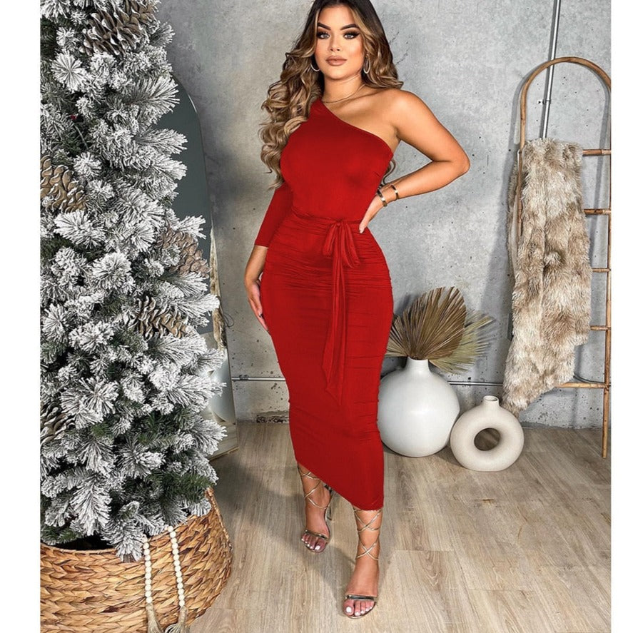 maoxiangshop Women One Shoulder One Long Sleeve Ruched with Sashes Bodycon Midi Dress Sexy Night Party Dresses for Winter Spring