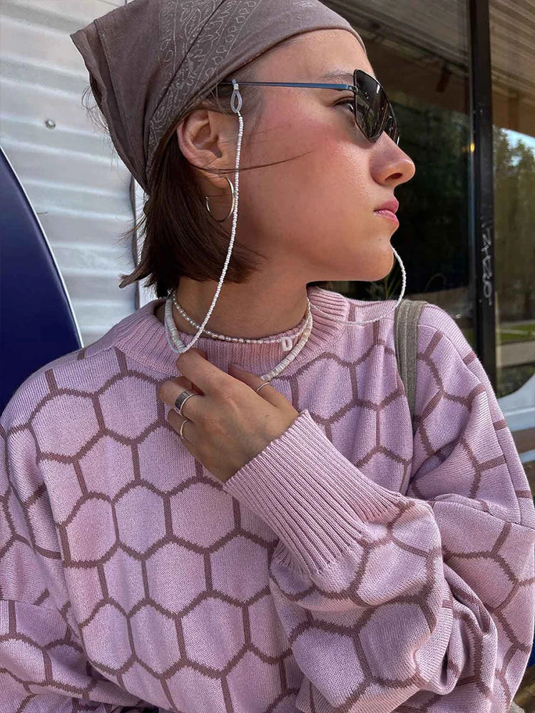 maoxiangshop  -  Autumn New Pullover Sweater Women's Retro Plaid Print Loose Casual Knitted Top  Long Sleeve Round Neck Female Fashion