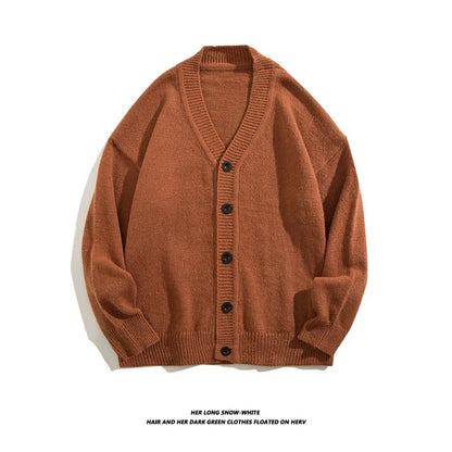 maoxiangshop Autumn Winter Men Casual V-Neck Cardigan Sweaters Solid Color Long Sleeve Outerwear Single-breasted Male Loose Knitted Coats