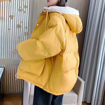 maoxiangshop Hooded Women Jacket Winter Korean Warm Female Cold Coat Pocket Solid Parkas Padding Long Sleeve Thick New in Outerwears