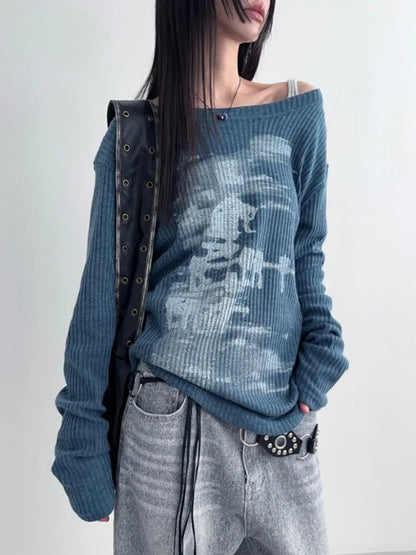 maoxiangshop  -  Autumn Harajuku Women Printing Tees Vintage Streetwear Grunge Skew Collar Tops Y2k Aesthetic Loose Casual Hiphop Vintage Tops