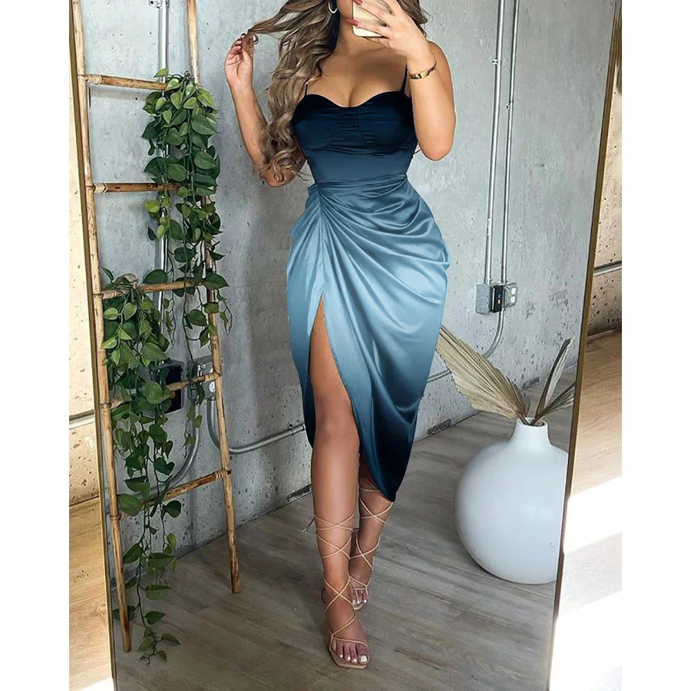 maoxiangshop Summer Women Elegant Spaghetti Strap Ruched Irregular Party Dress Women Temperament Split Slim Ladies Office Dresses