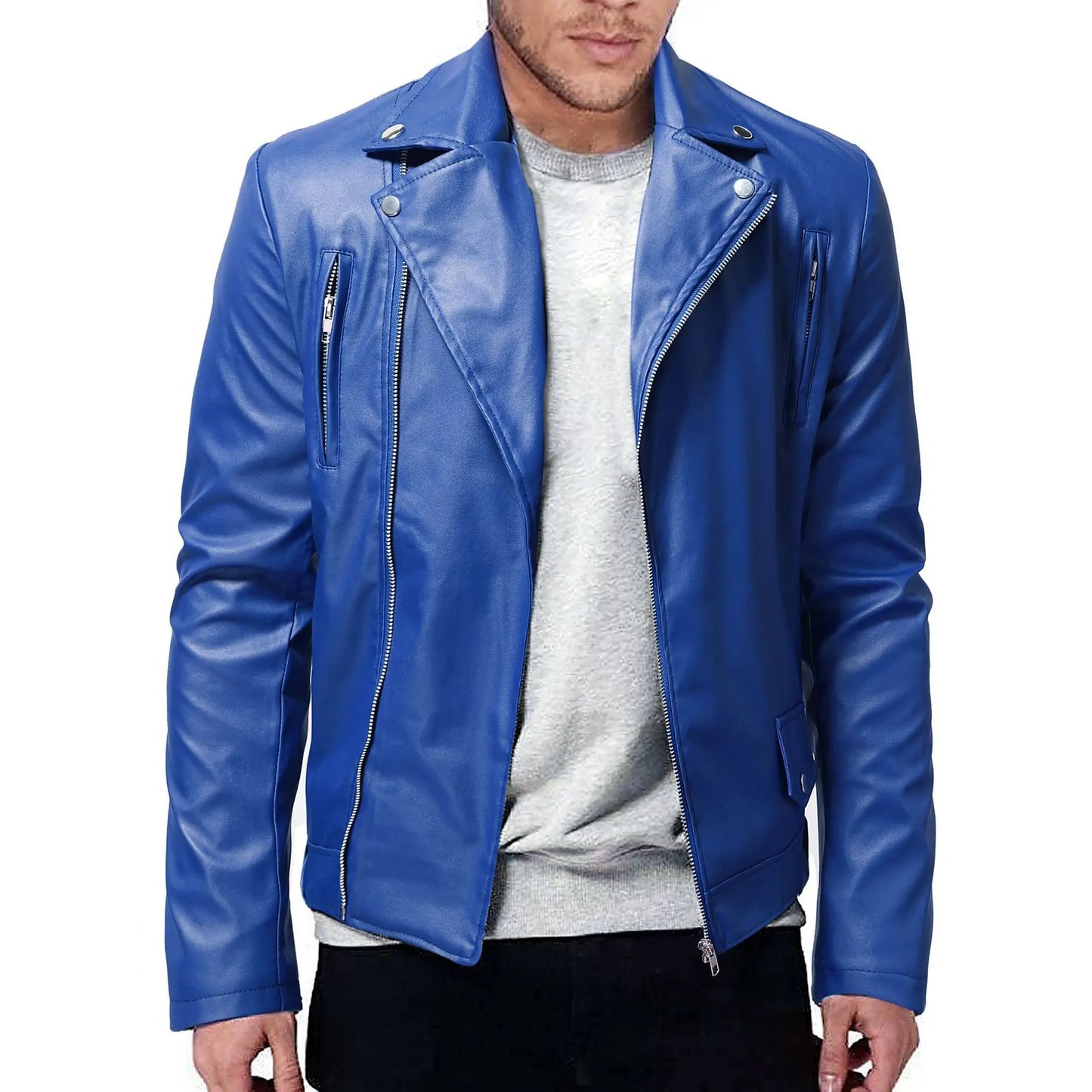 maoxiangshop WELL DRESSED MEN Men PU Leather Jacket Solid Color Casual Slim-Fit Zipper Long Sleeve Turn-Down Collar Motorcycle Leather JacketCoat Men Clothing