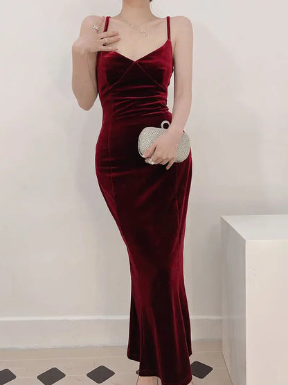 Summer Women's Spaghetti Strap Midi Prom French Vintage Velvet Dress Female Fashion Elegant Slim Evening Party Clothes Vestidos