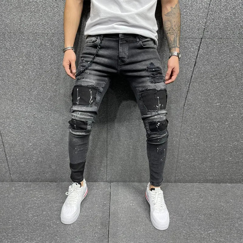 maoxiangshop Men Jeans Knee Hole Ripped Stretch Skinny Denim Pants Solid Color Black Blue Autumn Summer Hip-Hop Style Slim Fit Trousers S-4XL