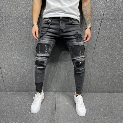 maoxiangshop Men Jeans Knee Hole Ripped Stretch Skinny Denim Pants Solid Color Black Blue Autumn Summer Hip-Hop Style Slim Fit Trousers S-4XL
