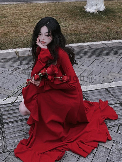 maoxiangshop Autumn Red Vintage Elegant Dress Women Flare Sleeve Designer Sweet Long Dress Female Ruffles Retro Princess Irregular Dress