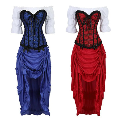 maoxiangshop  -  Corset 3 Piece Outfits for Women Steampunk Renaissance White Blouse Set Carnival Party Lace Up Boned Bustiers with Pirate Skirt