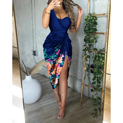 maoxiangshop Summer Women Elegant Spaghetti Strap Ruched Irregular Party Dress Women Temperament Split Slim Ladies Office Dresses