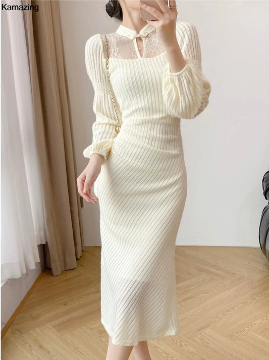 Autumn Winter Elegant Slim Evening Prom Party Dresses Ladys Vintage Long Sleeve Midi Vestdios Women Fashion One Piece Clothes