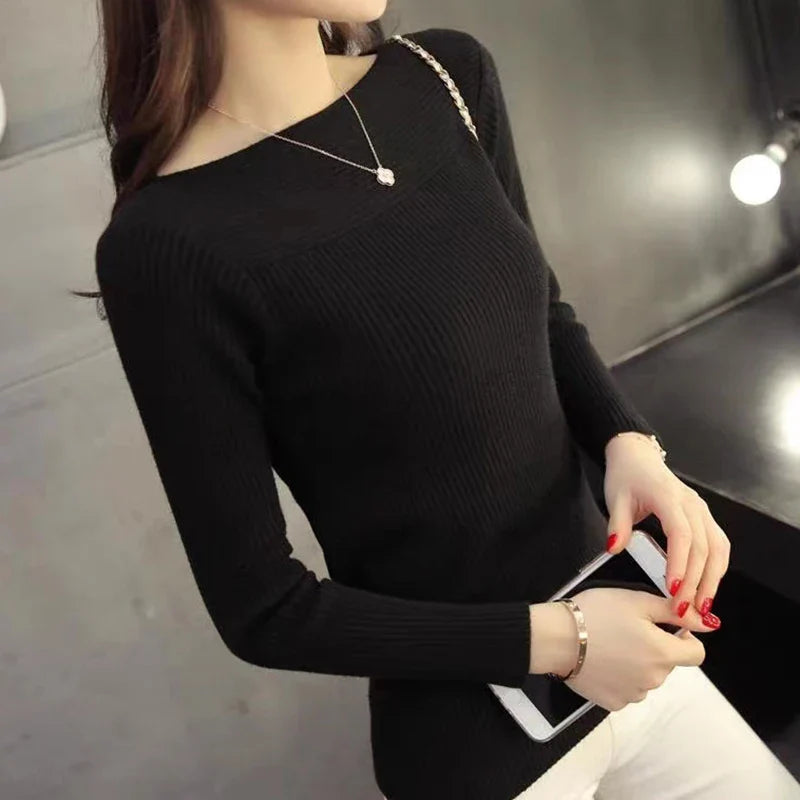 maoxiangshop Women Ribbed Slash Neck Slim Sweater Knitted Long Sleeve Office Sweaters Casual Solid Pullovers For Women Autumn