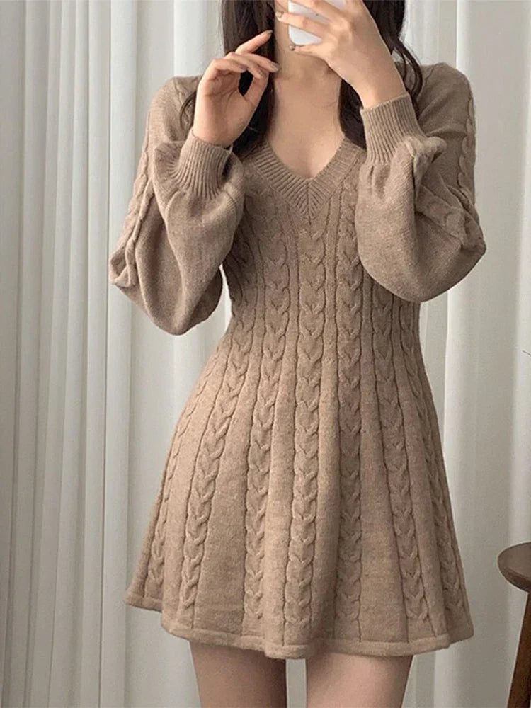 Twist Knitted Dress Women V Neck Lantern Sleeve Mini Female A-line Dresses 2024 Early Spring Solid All-match Lady Short Robe