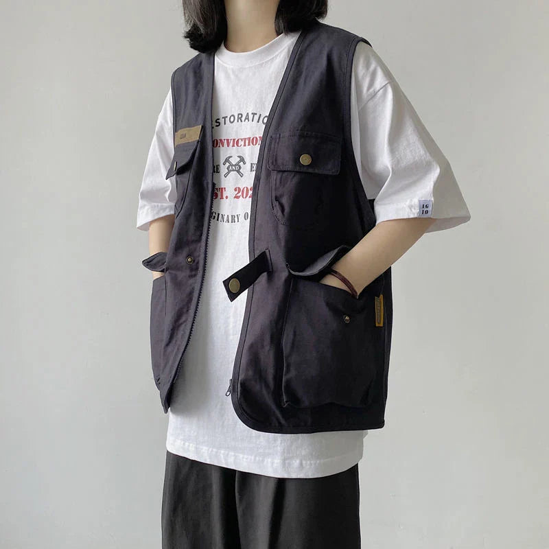 Streetwear Cargo Vests Women Button Pocket Sleeveless Loose Jacket Bf Hip Hop Vintage V Neck Chic Casual Tops Thin Coat