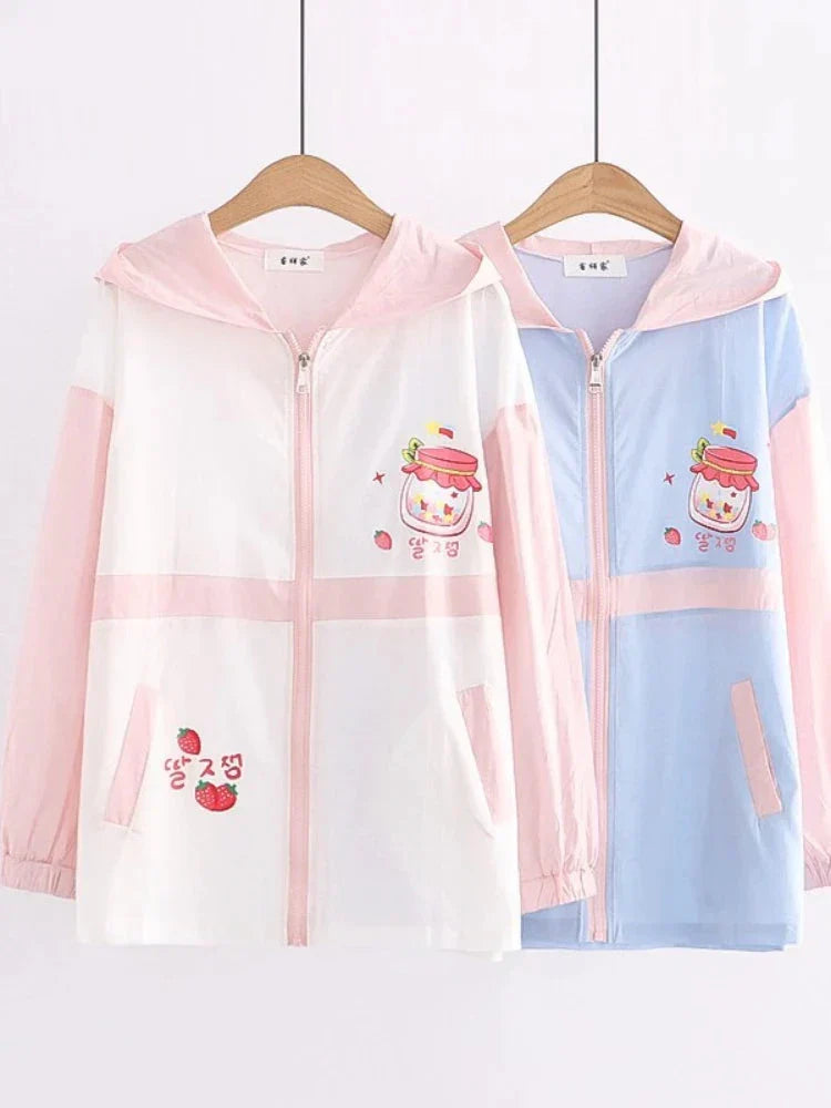 Summer Women Thin Zipper Hooded Jackets Strawberry Print Long Sleeve Harakuju Jacket Sweet Style Female Kawaii Cute Coat