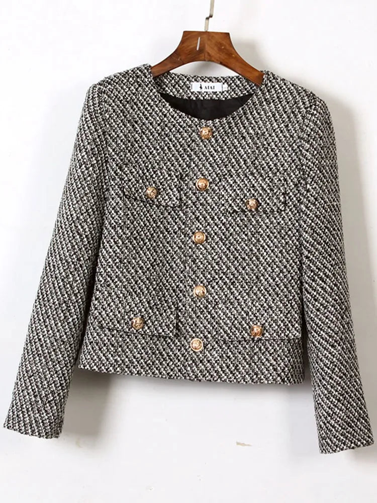 Autumn Winter Small Fragrant Tweed Jacket Coat Women Vintage Woolen Short Coats Streetwear Elegant Casual Slim Outwear Crop Top