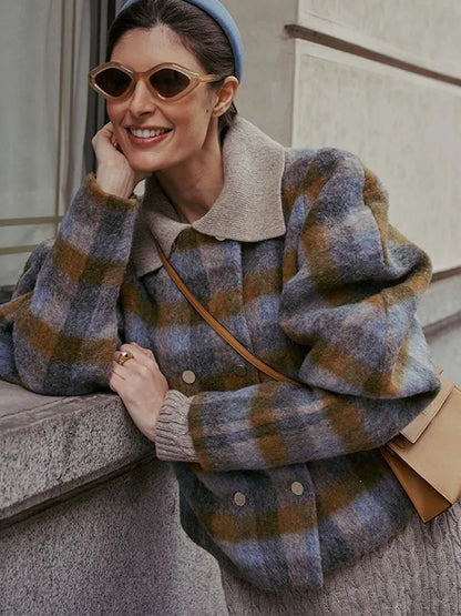maoxiangshop  -  Women Vintage Plaids Double Breasted Woolen Coats Fashion O Neck Fluffy Long Sleeves Jacket Autumn Winter Chic Lady Warm Outwear